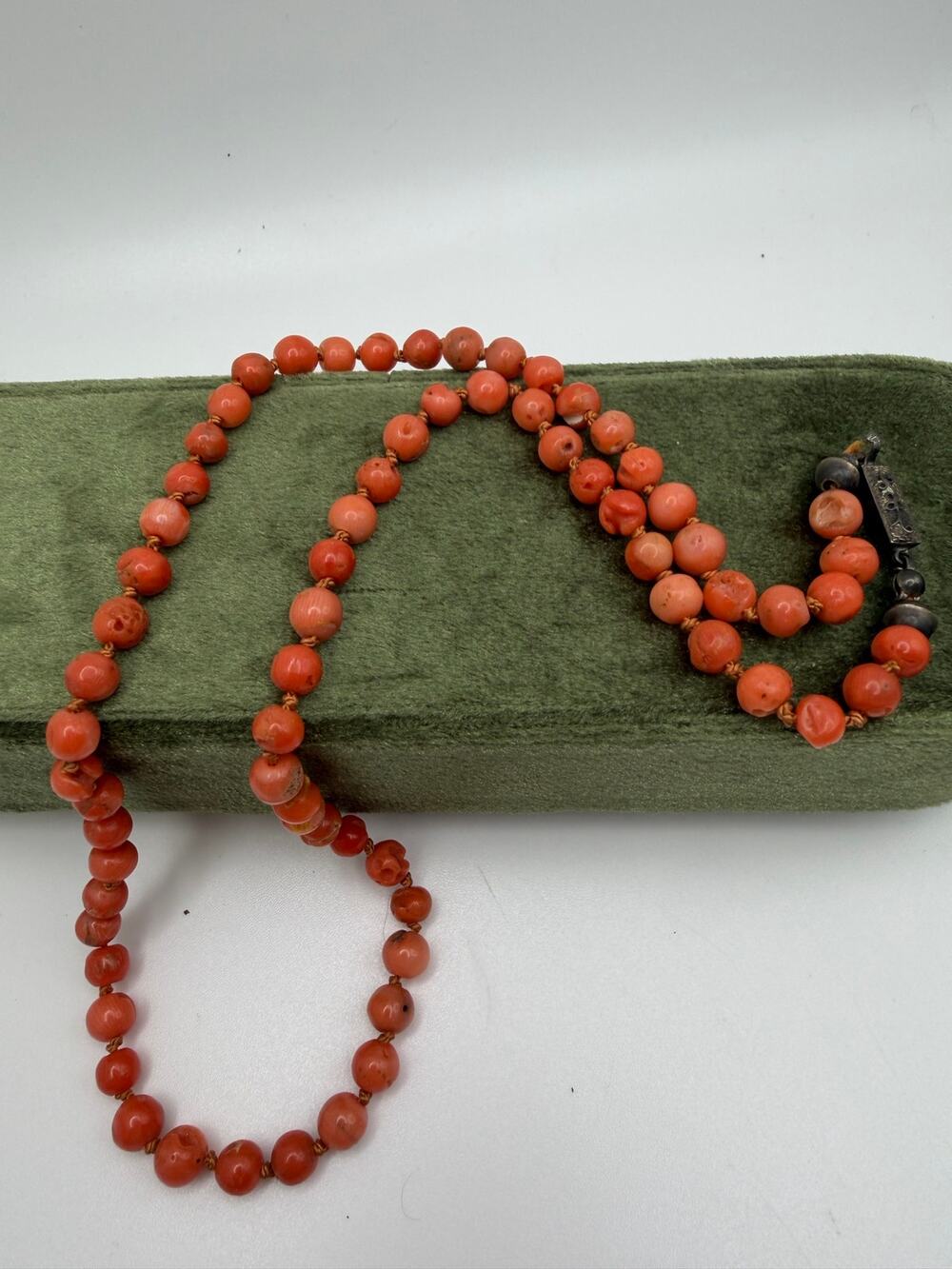 vintage hand-knotted natural coral bead necklace sterling clasp